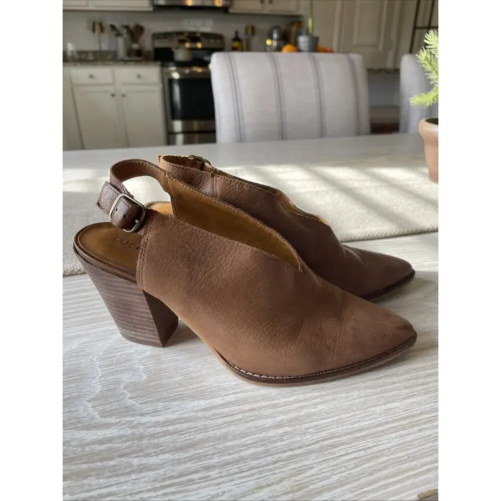 Lucky Brand Aroyli Leather slingback Shootie Boot Wood Stacked Heel Size 8 Brown